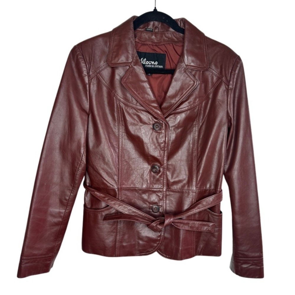 Vintage 70s Wilsons Leather Belted Blazer Jacket Burgundy Wine Red Women's 12